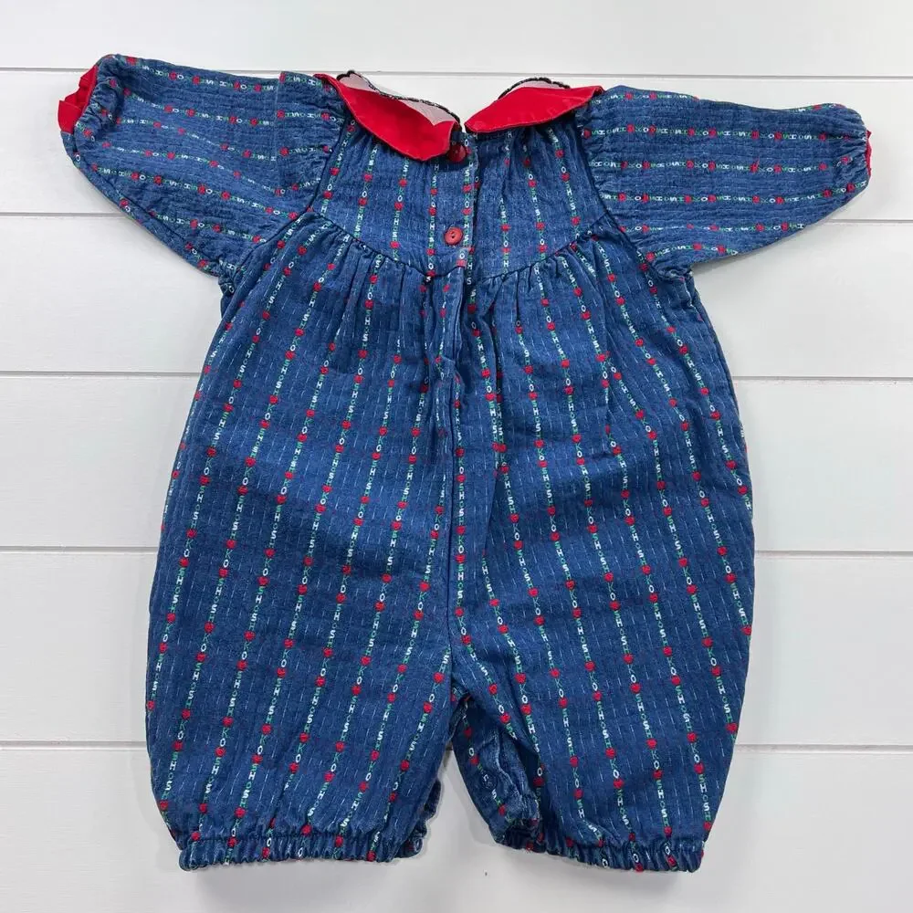 OshKosh B'gosh Vintage Embroidered Hearts Denim Romper Girls size 6-9 MNS USA